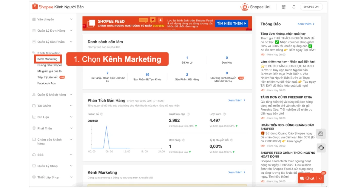 Bước 1: Truy cập vào Kênh Người Bán -_ Chọn mục Kênh Marketing