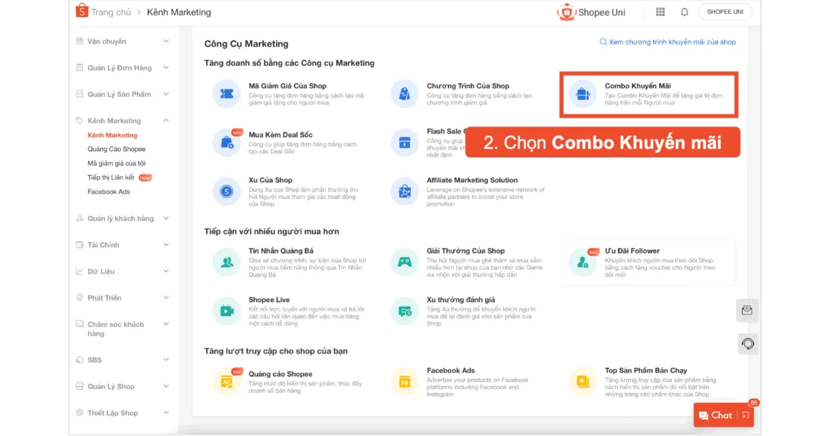 Bước 2: Chọn tính năng Combo Khuyến mãi