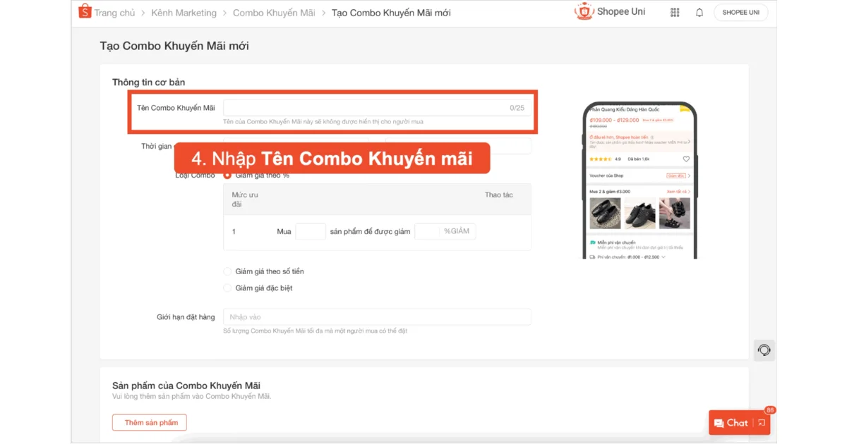 Bước 4: Điền Tên Combo khuyến mãi