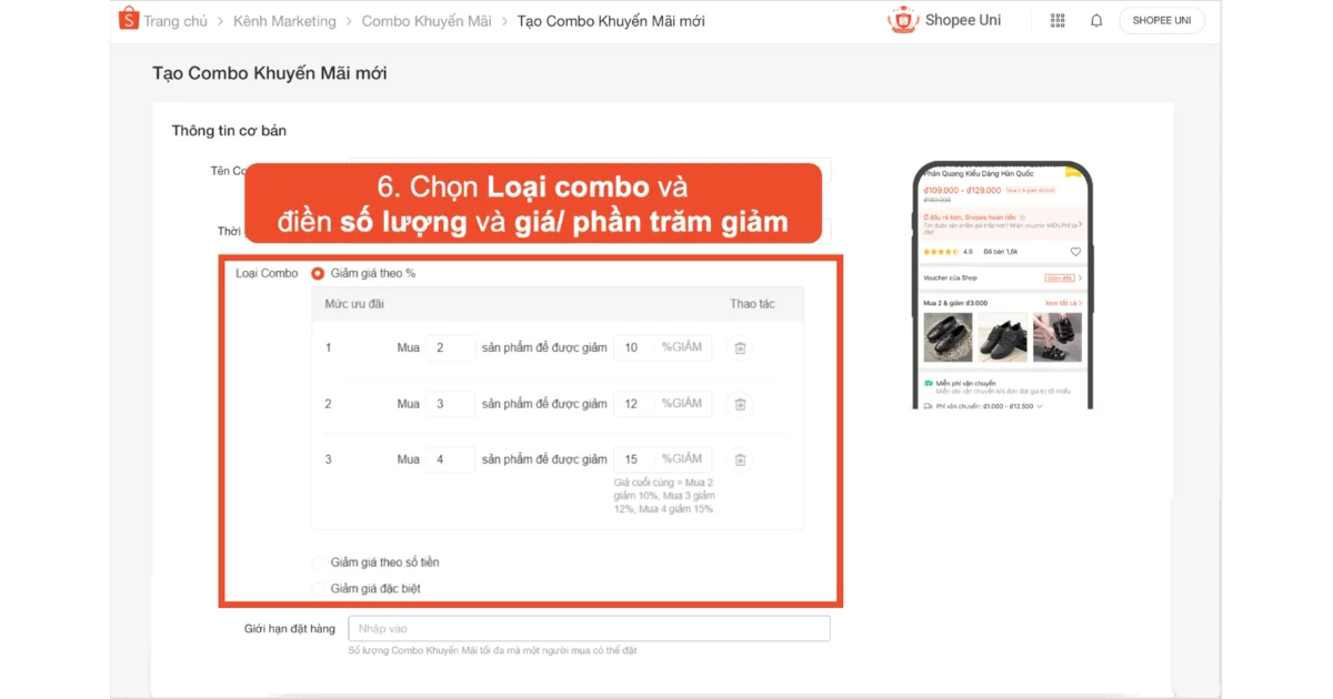 Bước 6: Chọn Loại Combo