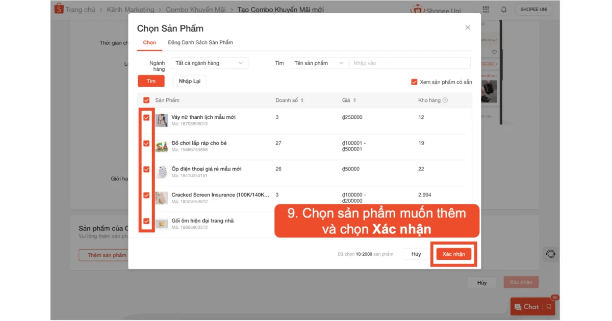 Bước 9: Chọn các sản phẩm phù hợp cho Combo và nhấn Xác nhận