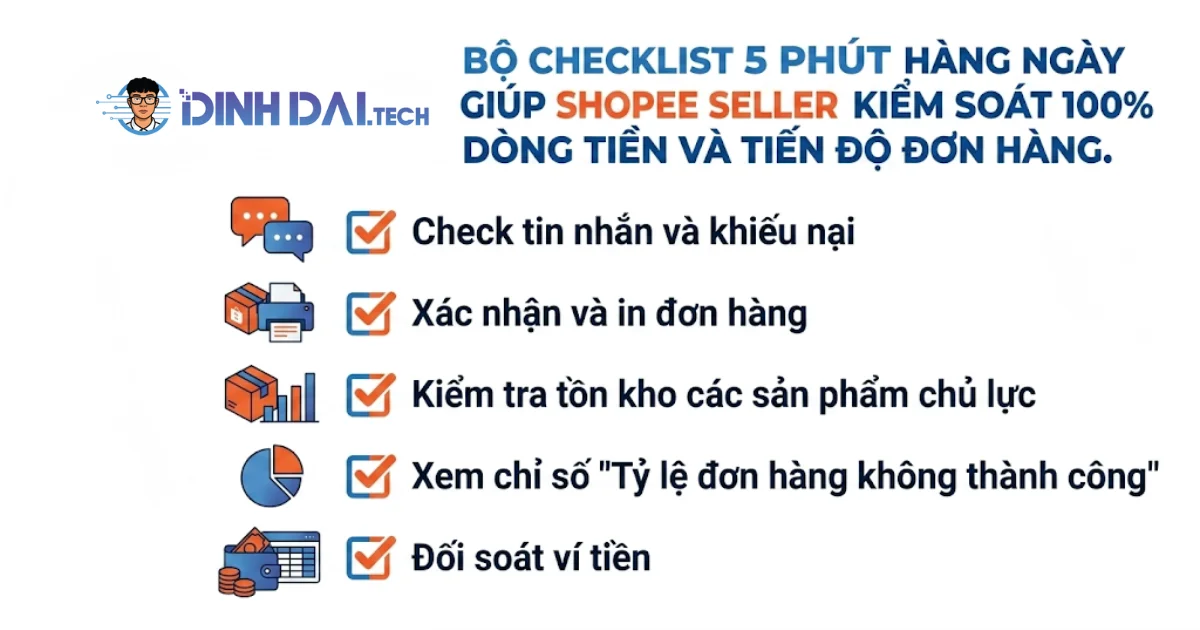 Bộ checklist 5 phút hàng ngày giúp shopee seller kiểm soát 100% dòng tiền và tiến độ đơn hàng